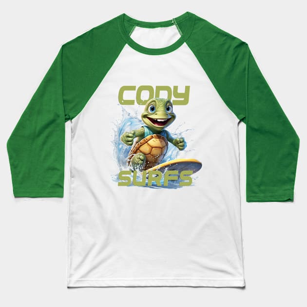 Aquatic Glide Waves Surfing Tee "Cody Surfs" Baseball T-Shirt by cusptees